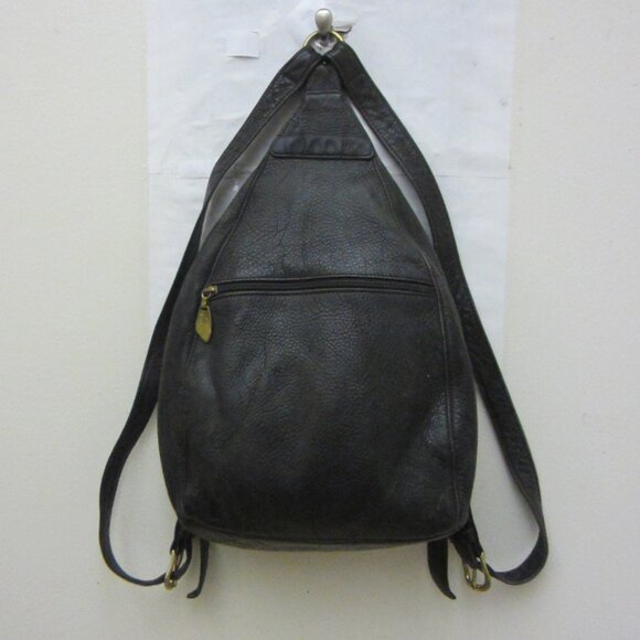 Vintage Rare Teardrop shape *Very Worn Black Leather Backpack Libaire USA Made - Picture 1 of 16